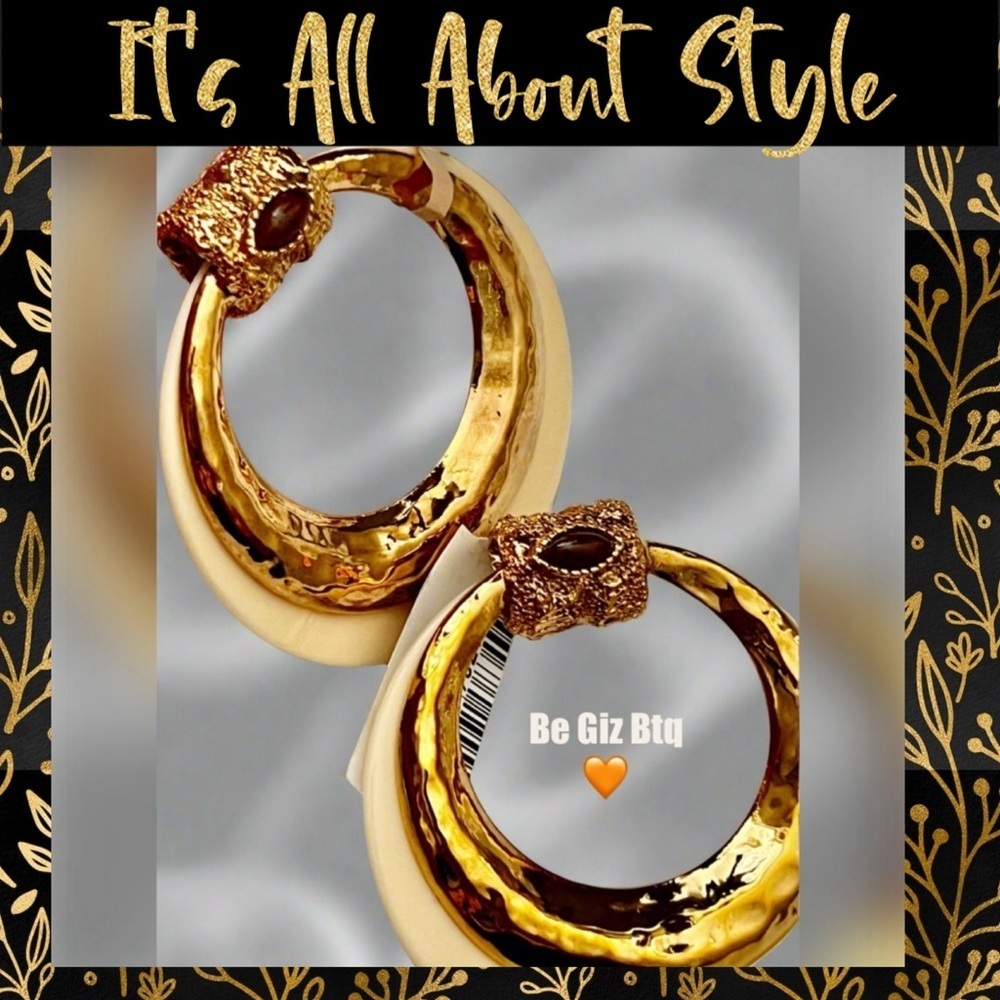 🔥🔥Gas Bijoux Authentic MeknesGold Plated Hoop Earrings Marquise Glass Cabochon